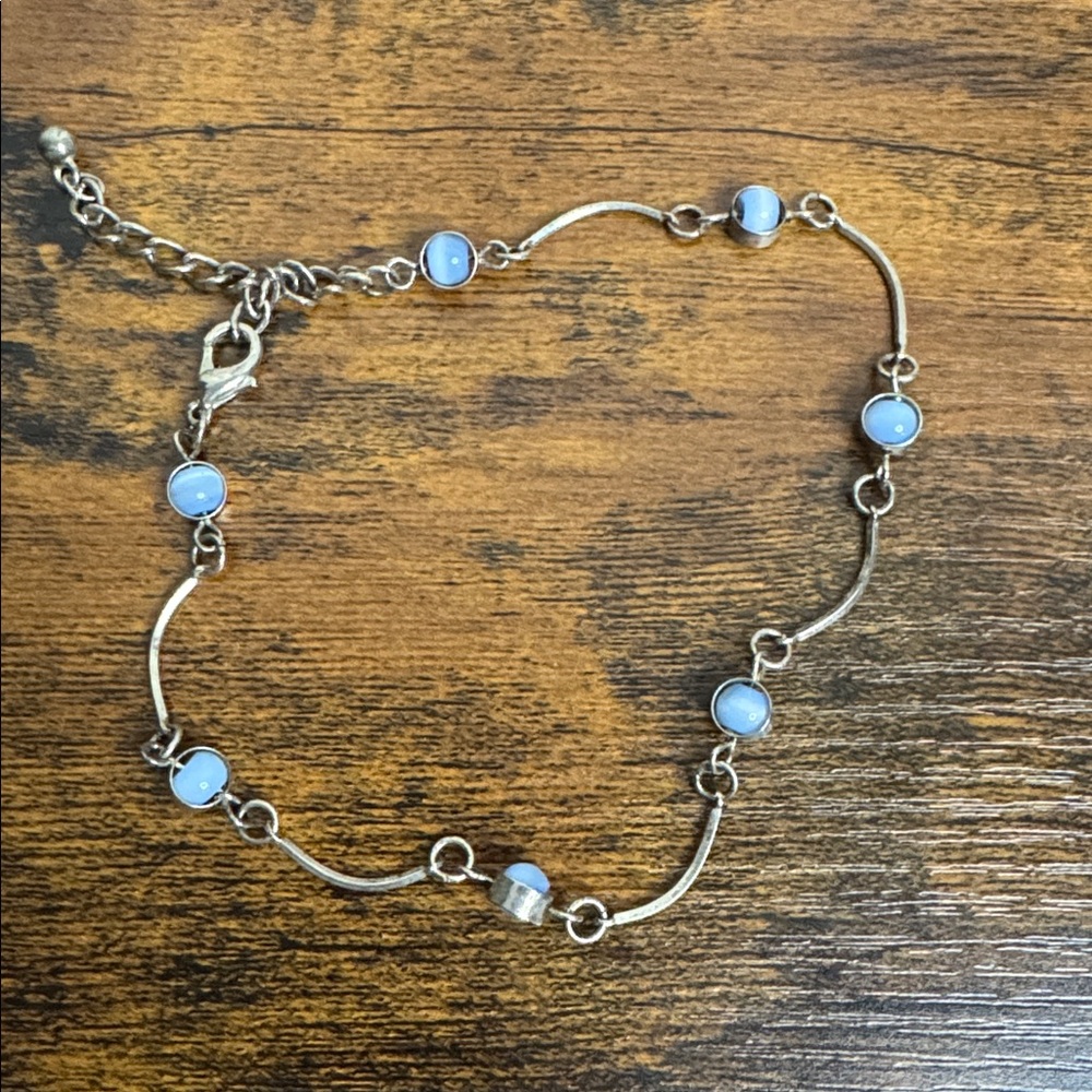 Silver Tone Anklet with Blue Chalcedony